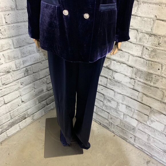 Vintage 90s Tuxedo 2 Pc Suit Set Navy Velvet Blazer Jacket Satin High Rise Pants - Picture 3 of 16